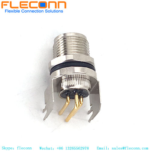 Conector hembra de montaje en panel PCB M8 de 3 pines, pines en ángulo recto de 90 grados