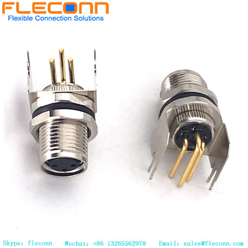 Conector hembra de montaje en panel PCB M8 de 3 pines, pines en ángulo recto de 90 grados
