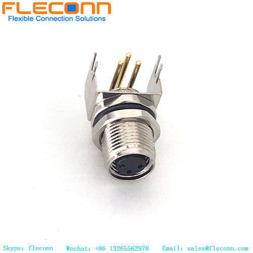 Conector hembra de montaje en panel PCB M8 de 3 pines, pines en ángulo recto de 90 grados
