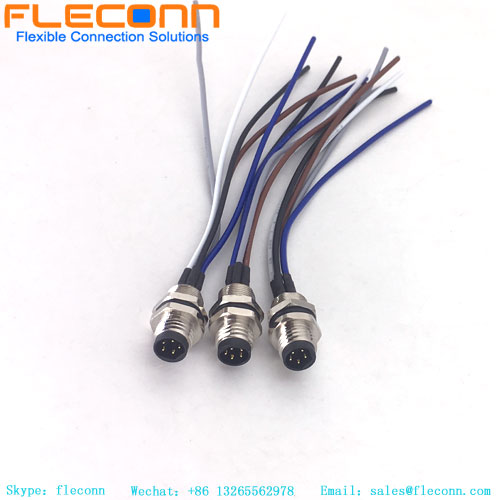 Conector de montaje en panel frontal de 5 postes con código B M8 con coletas de alambre soldadas