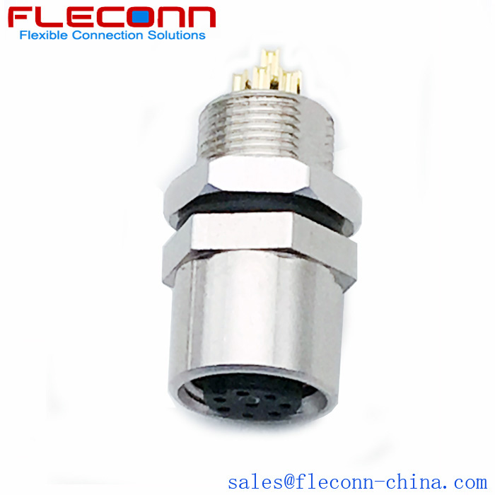 Conector hembra de montaje en panel M8 de 8 pines, rosca de sujeción trasera M8x0.5