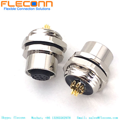 Conector hembra de montaje en panel M12 de 12 pines, rosca de sujeción trasera
