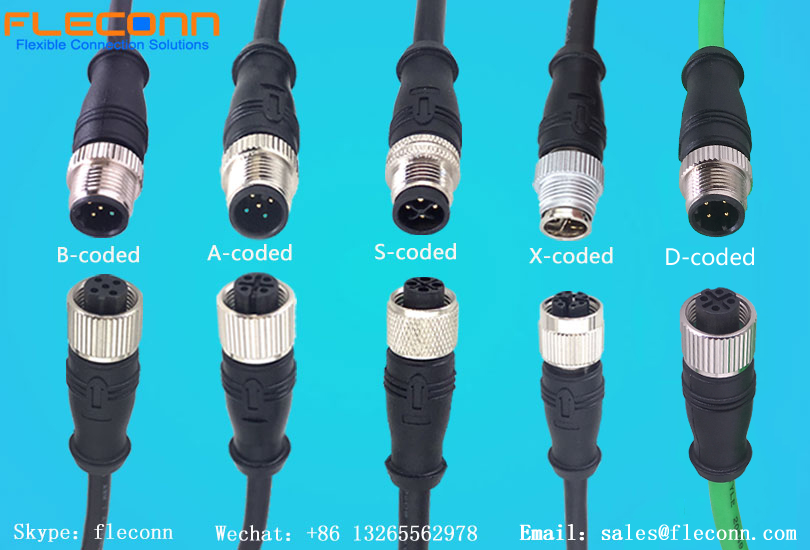 Presentar diferentes conjuntos de cables con conector M12 codificados para aplicaciones de sensores, actuadores, Ethernet y energía