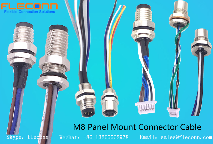 FLECONN can provide various m8 3 4 5 6 8 pin male and female front and rear panel mount connector with free wire leads for sensors.