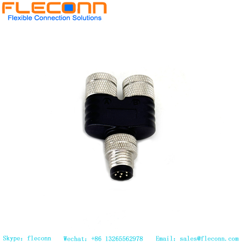 M12 T-Splitter Adapter, 3 4 5 6 8 Pin Female to 2 Male Connector