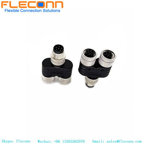 M12 T-Connector Splitter,  1xFemale to 2xMale Plug