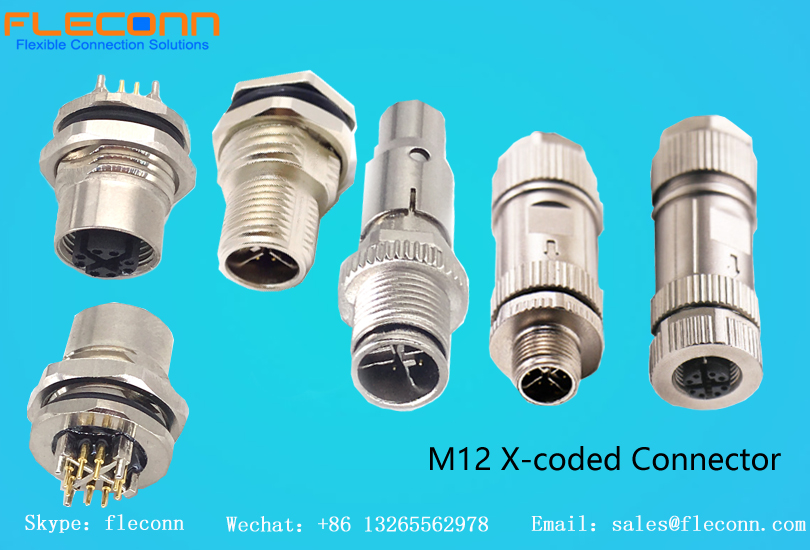 M12 X-coded 8 Pin male and female shielded connector for 10Gbps Cat6A industrial Ethernet applications.