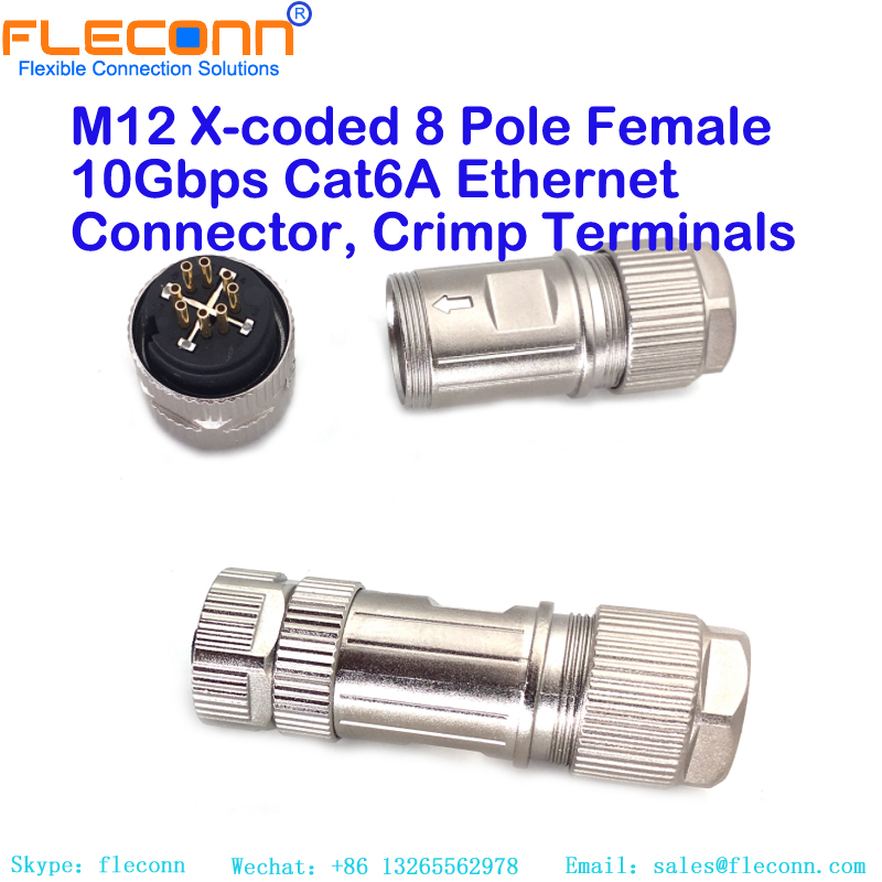 M12 X-coded 8 Pole Female 10Gbps Cat6A Ethernet Connector, Crimp Terminals
