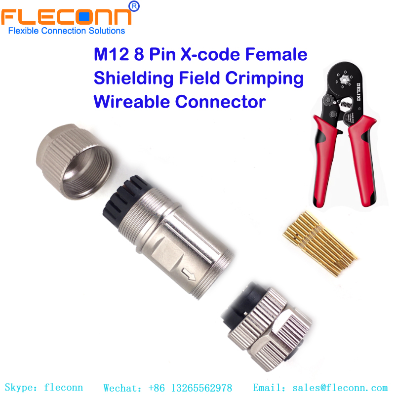 M12 8 Pin X-code Female Shielding Field Crimping Wireable Connector