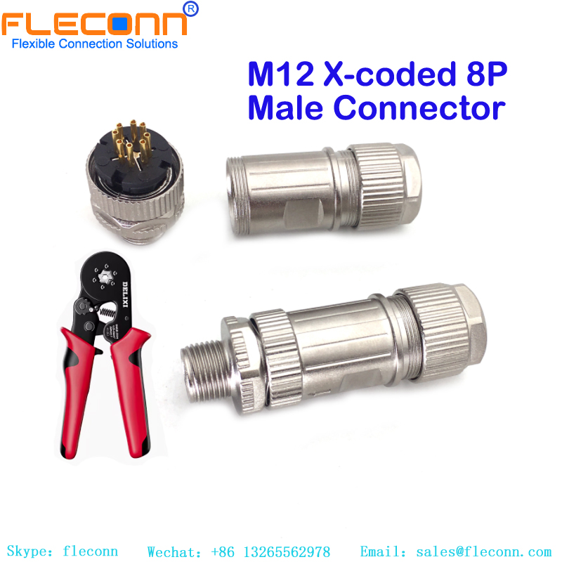 Conector cableable de engarzado en campo de blindaje macho X-code M12 de 8 pines